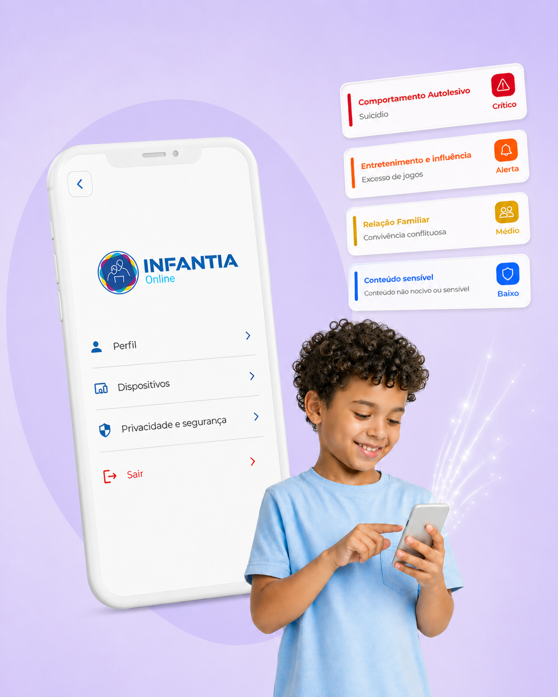 Família usando tecnologia com cuidado e orientação digital