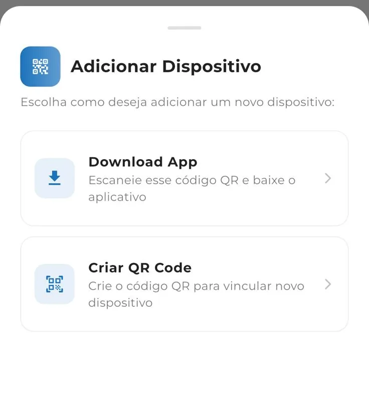 Tela Adicionar Dispositivo com as opcoes Download App e Criar QR Code