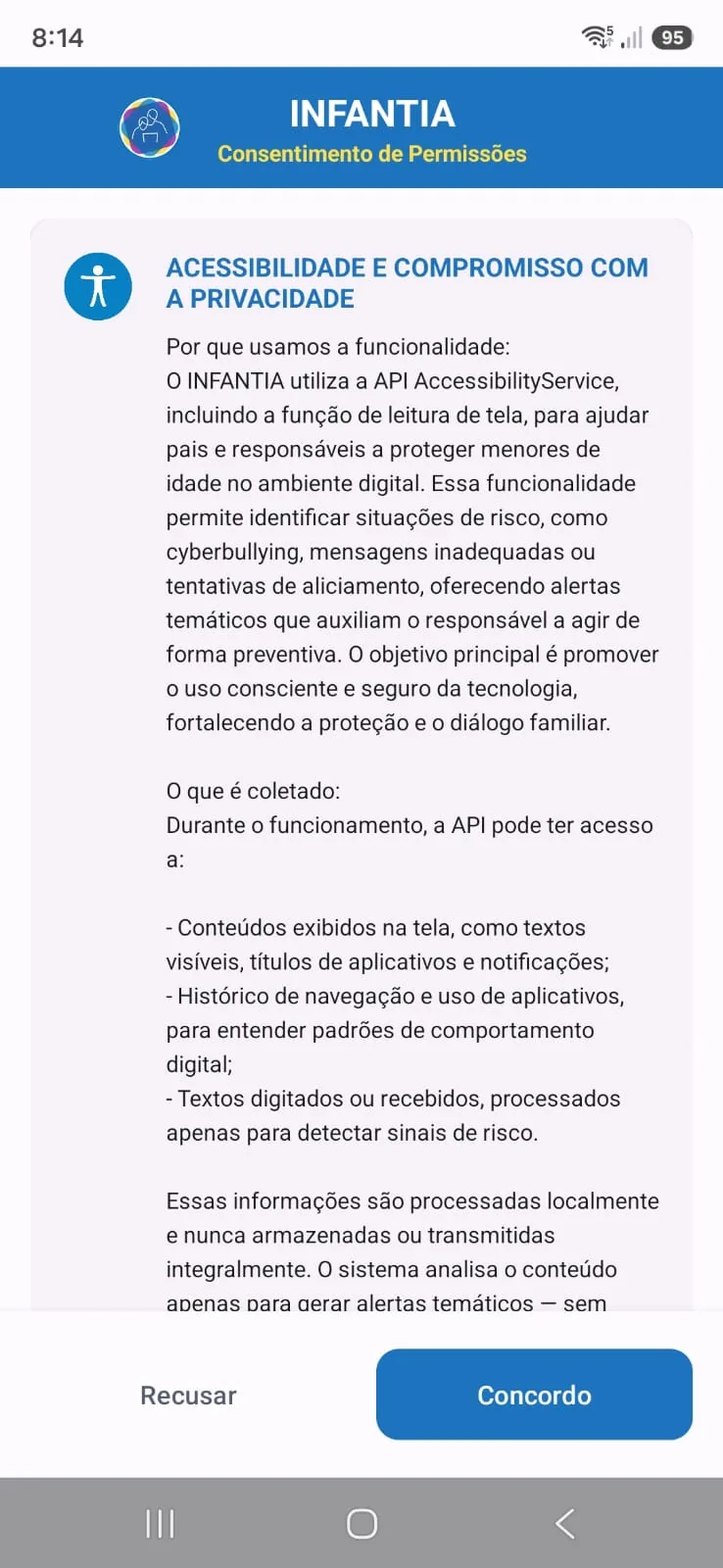 Tela de consentimento explicando o uso da Acessibilidade e o compromisso com a privacidade
