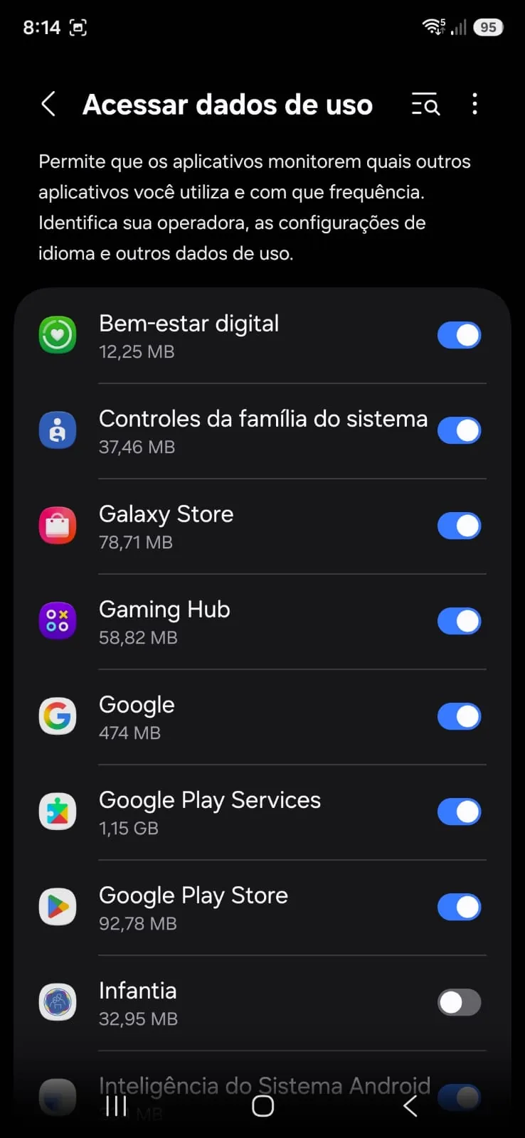 Tela de Acessar dados de uso mostrando o Infantia na lista de aplicativos