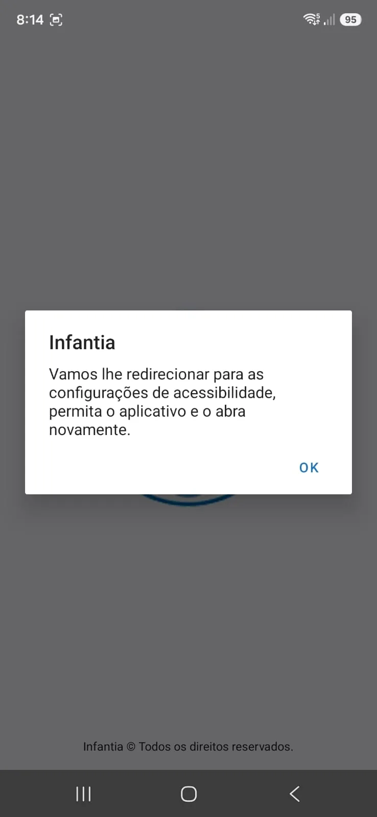 Aviso do Infantia informando que o app vai redirecionar para as configuracoes de acessibilidade