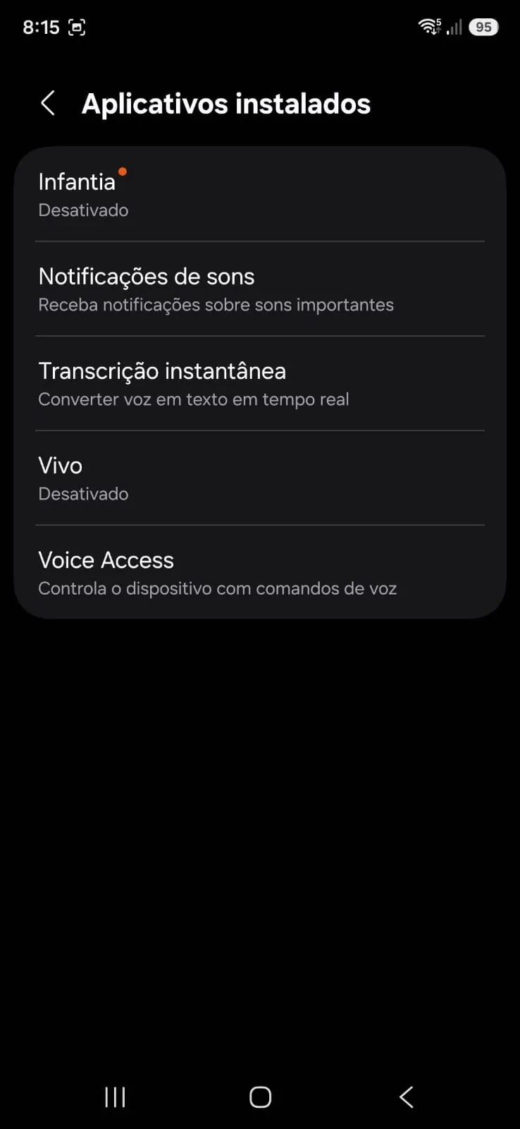 Tela de Acessibilidade do Android mostrando o Infantia na lista de aplicativos instalados
