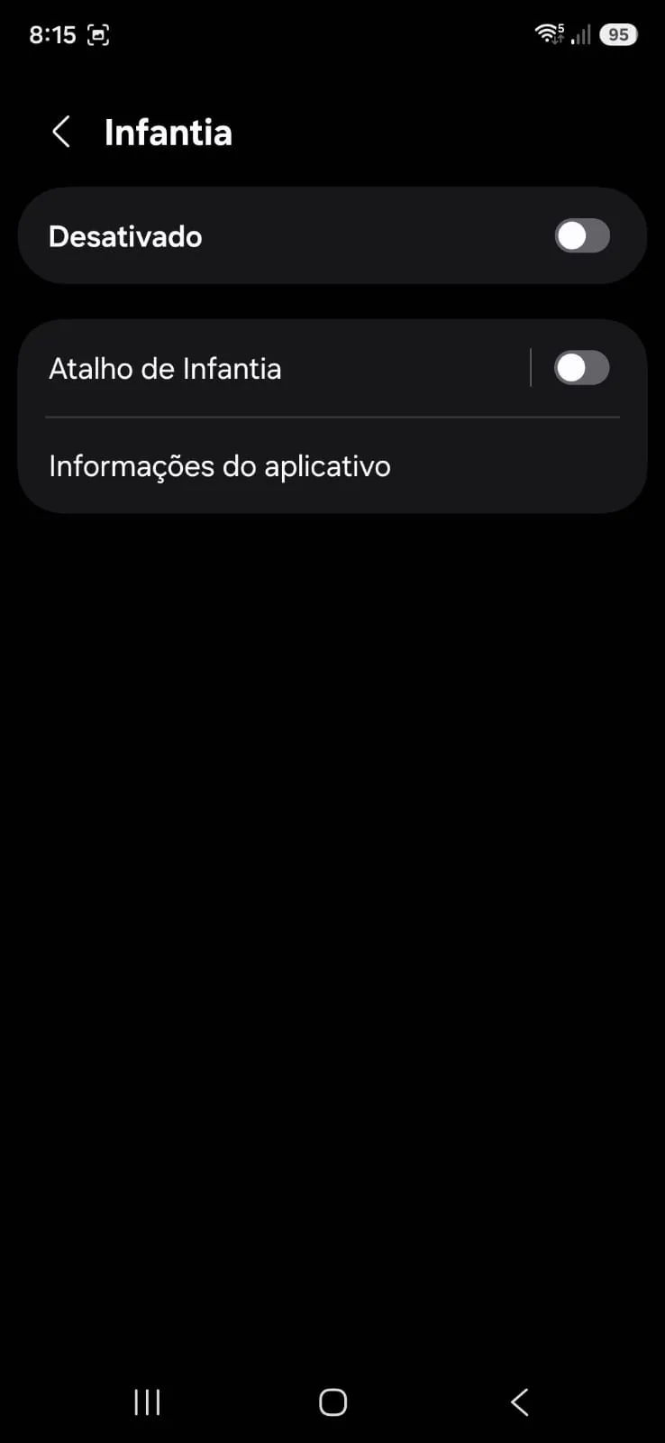 Tela do Infantia com a chave de Acessibilidade Desativado