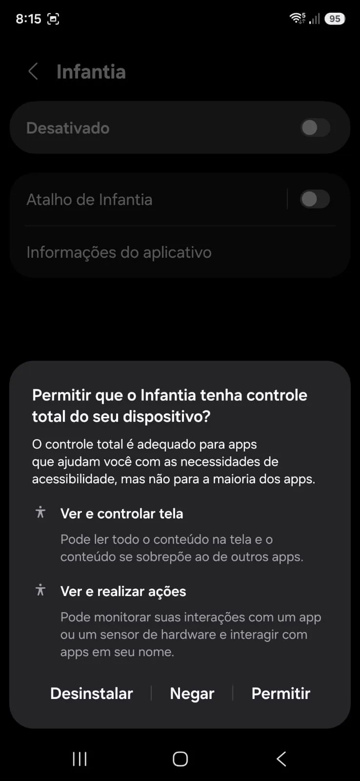 Dialogo do Android perguntando se pode permitir controle total ao Infantia