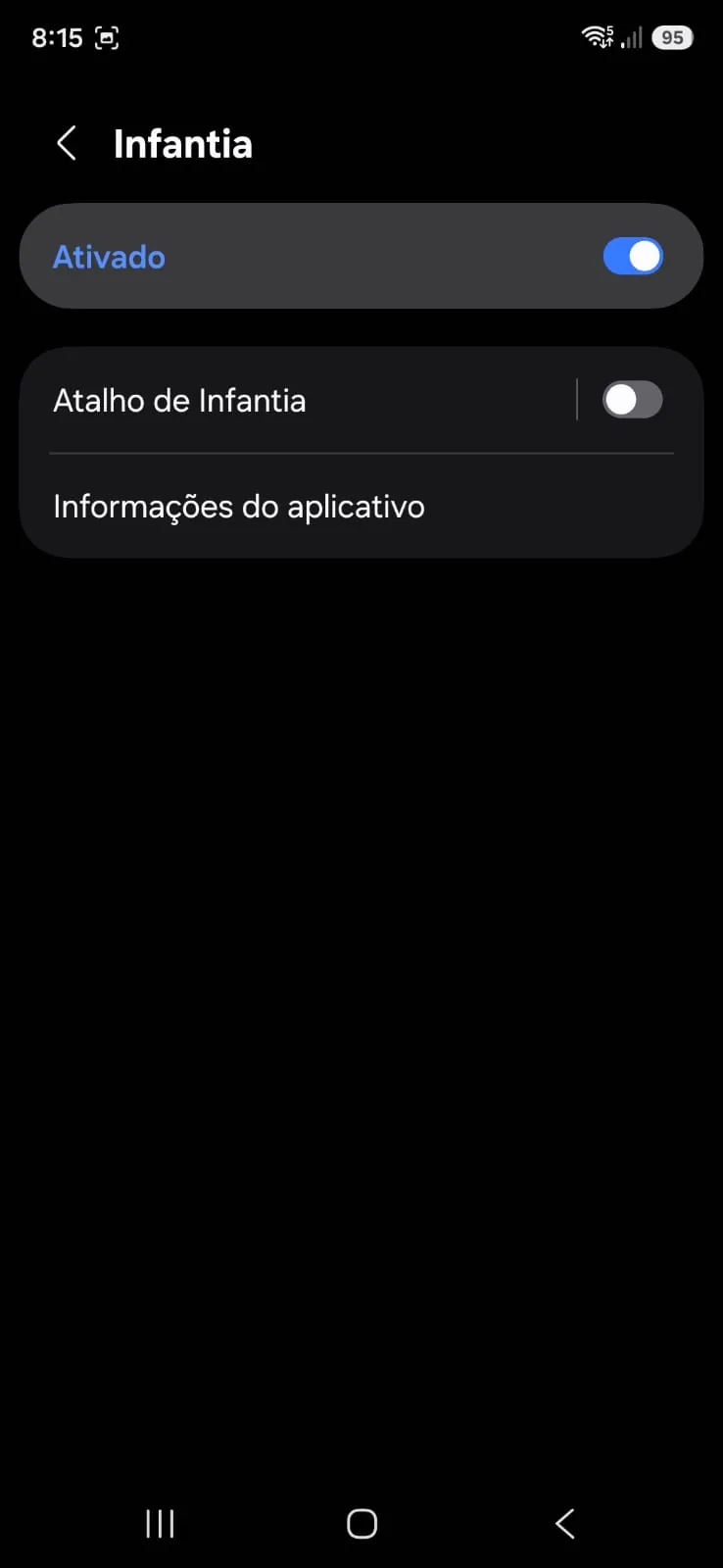 Tela do Infantia com a chave de Acessibilidade Ativado