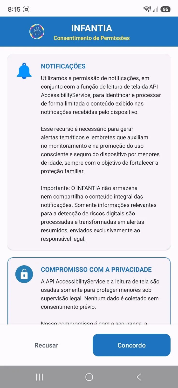 Tela de consentimento de notificacoes e compromisso com a privacidade do Infantia