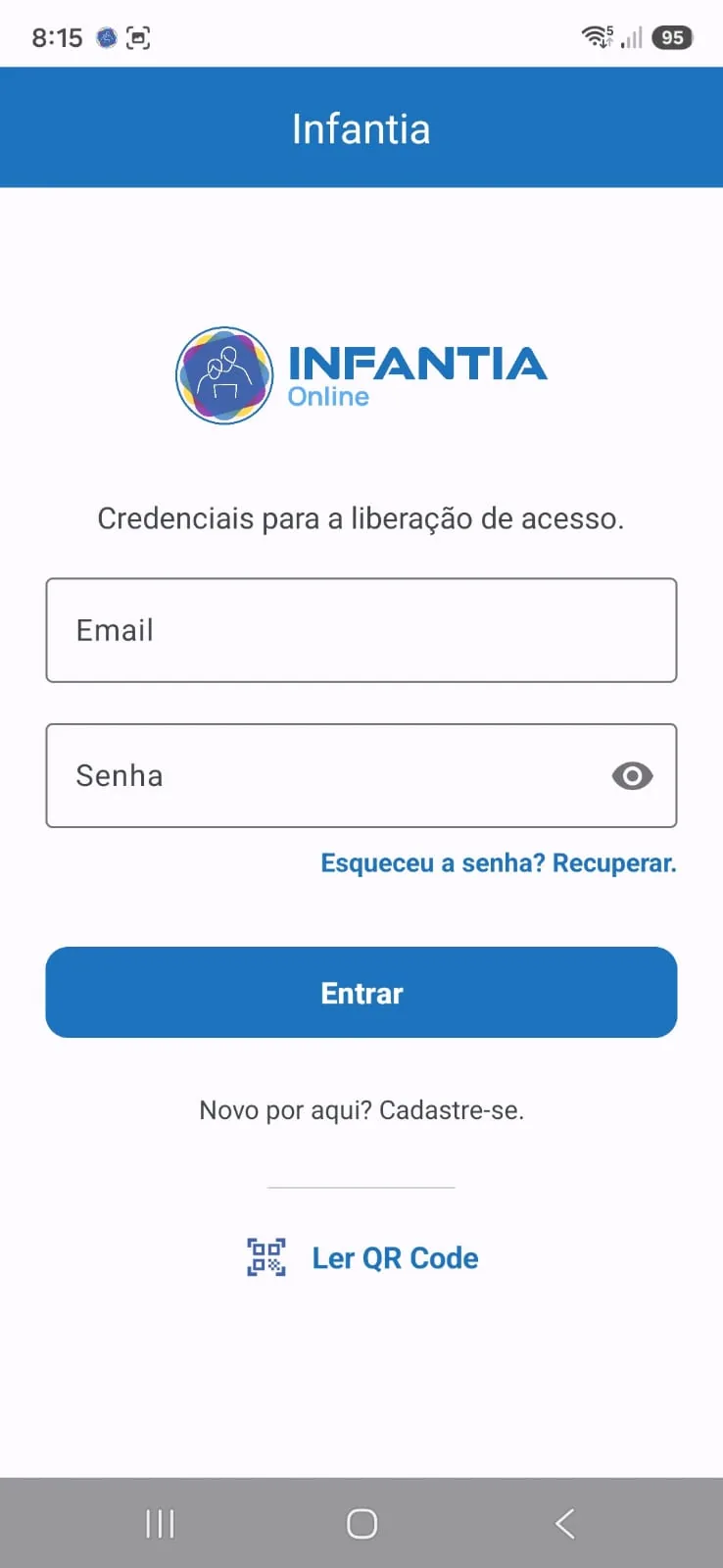 Tela inicial do Infantia Coletor com a opção Ler QR Code para vincular o aparelho