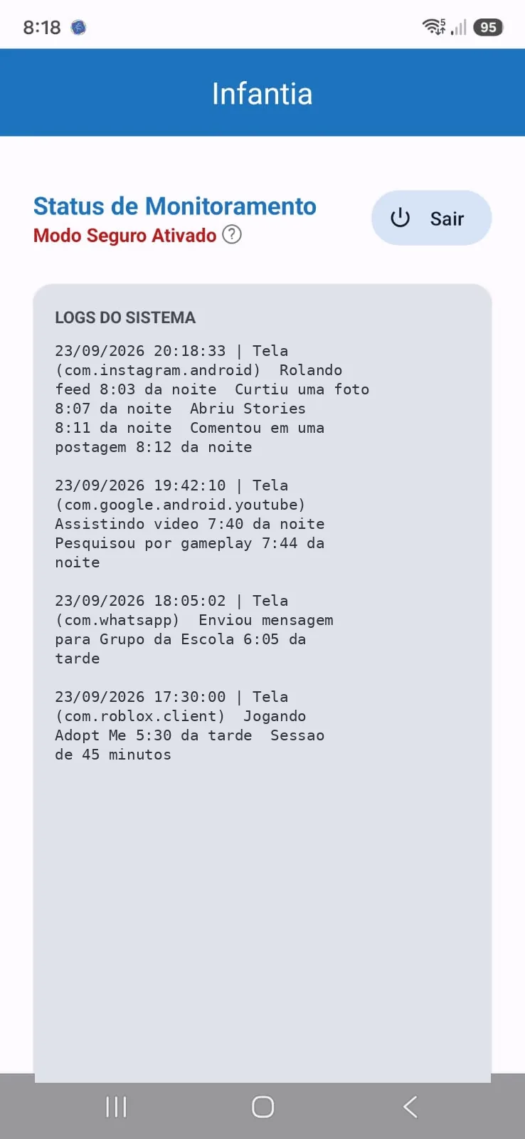 Tela de Status de Monitoramento com logs de exemplo