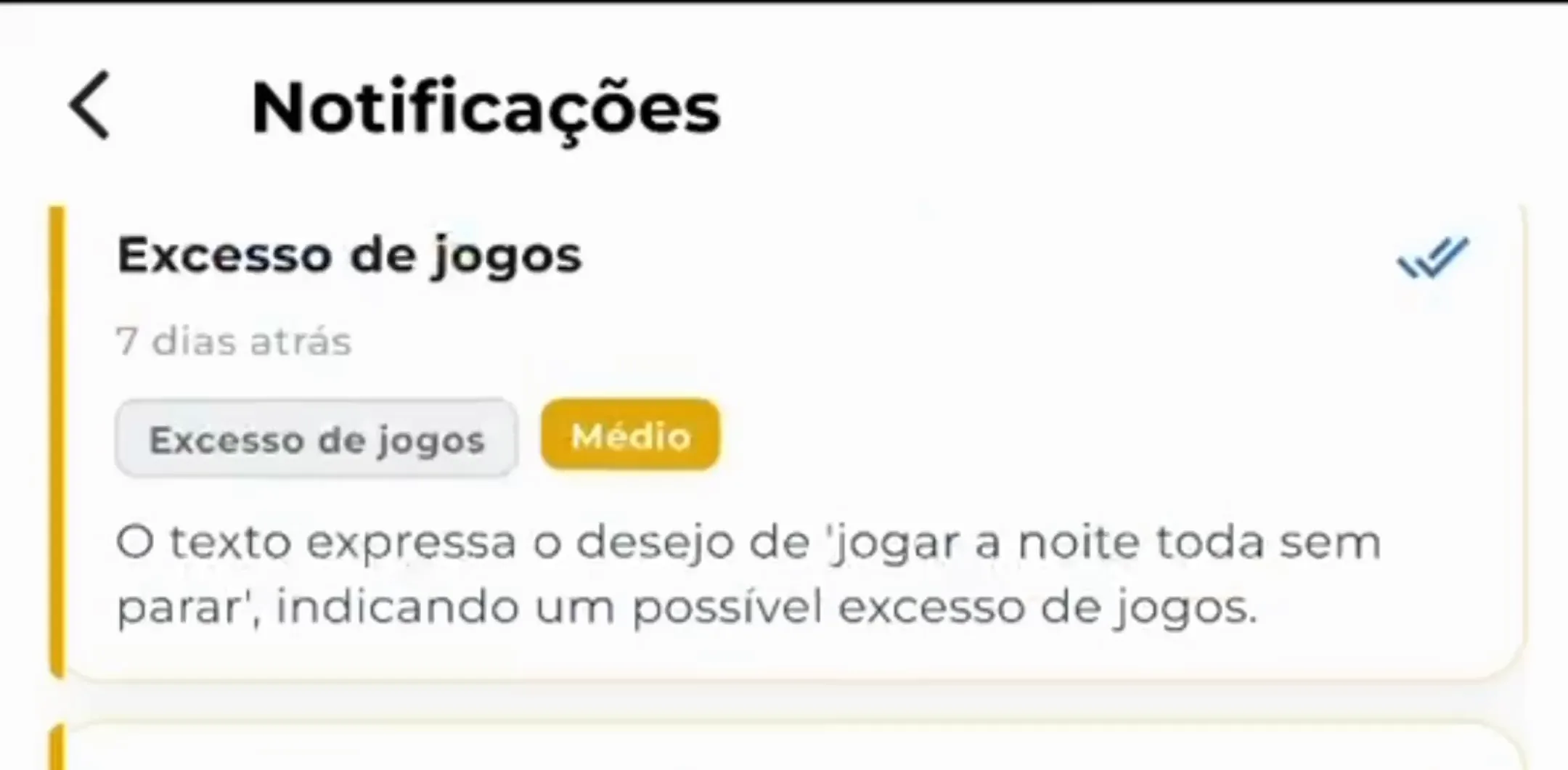 Tela de notificações com um alerta