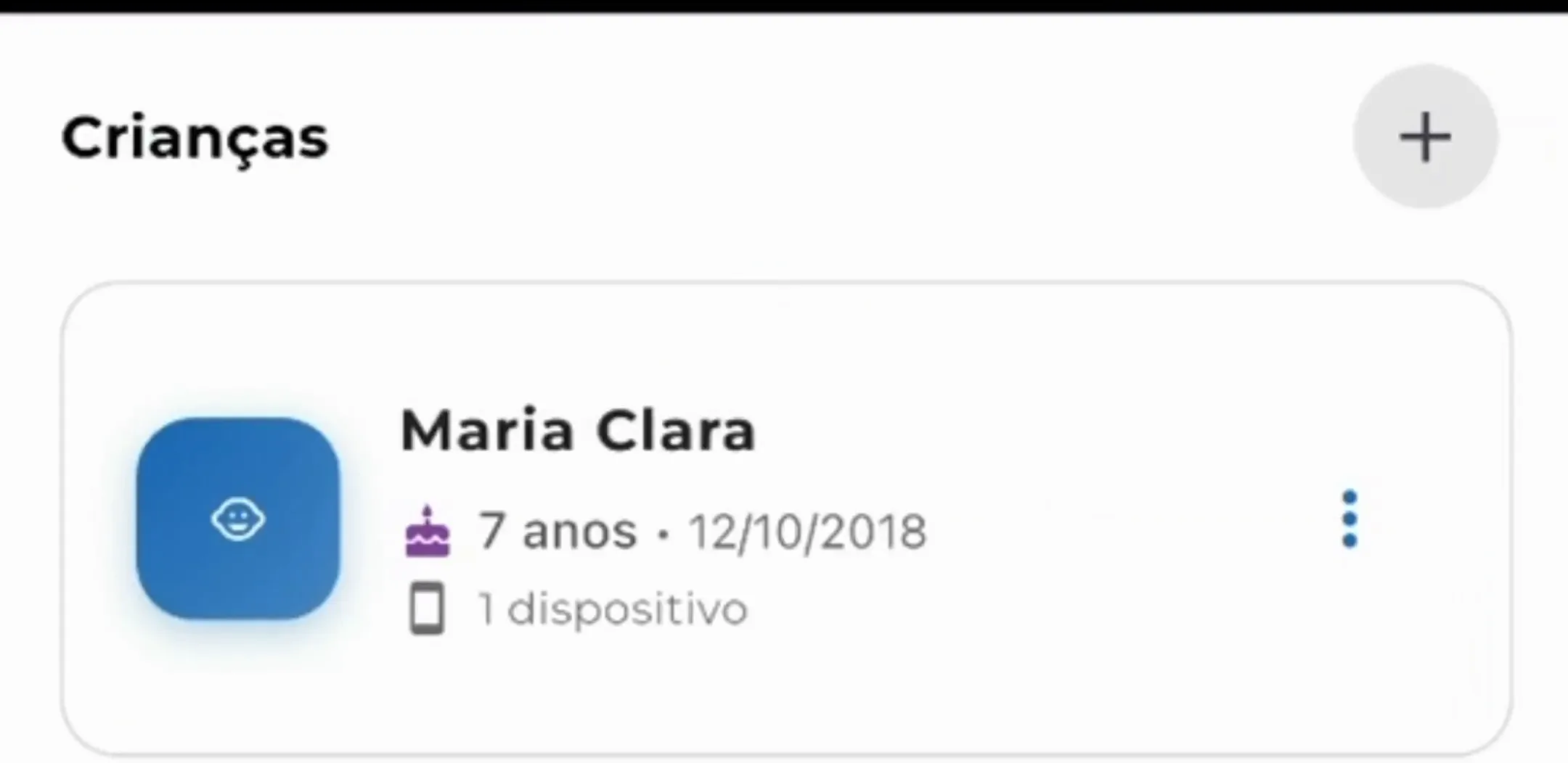 Aba de crianças com o filho cadastrado