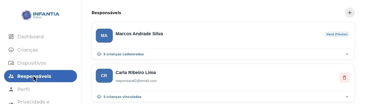 Tela de Responsaveis com o titular e o responsavel compartilhado