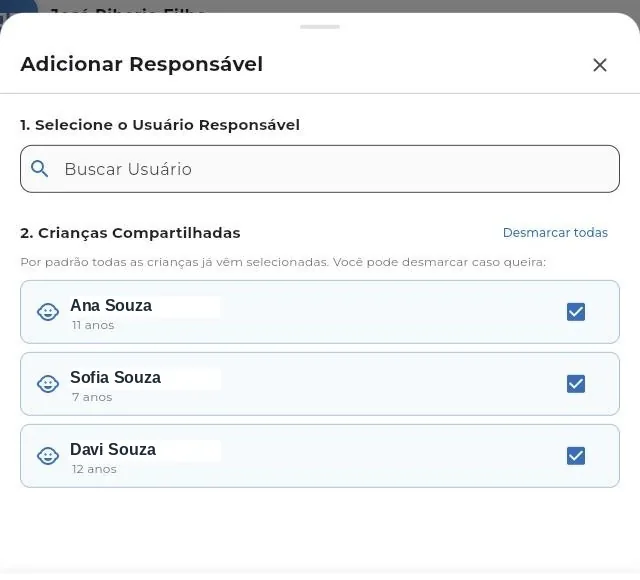 Janela de adicionar responsavel com busca de usuario e lista de filhos para compartilhar
